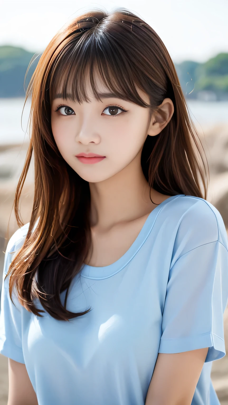 (highest quality, 32k, High resolution, masterpiece:1.5, ), Transparent air, The brilliance of youth, An award-winning masterpiece with incredible detail, Beautiful Japanese Girls, An exceptionally beautiful face, Small Face Beauty, Shiny brown hair, ((Beautifully arranged super long straight silk hair)), Asymmetrical bangs, Hair between the eyes, Beautifully trimmed, thin eyebrows, Magical big eyes, Moist black eyes, Clear double eyelids, Transparent, soft white skin, Sharp eyebrows, Thin lashes, Natural Makeup, Cheek highlighter, Pale pink detailed lips, Rich expression of emotions, Motherhood and generosity, (fleeting smile:0.7), Lightweight silk blouse, blue plaid pleated skirt, sit, ((Absolute area:1.3)), High resolutionの美しい太もも, (whole body:1.3), Parks by the sea, Beautiful, clear blue sea stretches to the horizon, The dazzling summer sunshine, detailed blue sky, Professional Lighting, Professional Photographer, Professional models