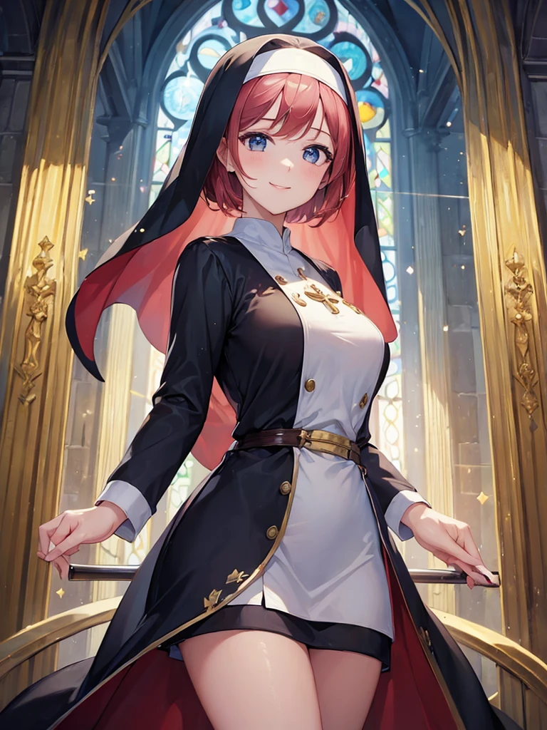 (masterpiece:1.5),(Beat quality),(high res),1girl solo,beautiful face,smile(shining eyes),light effects,Nuns,church