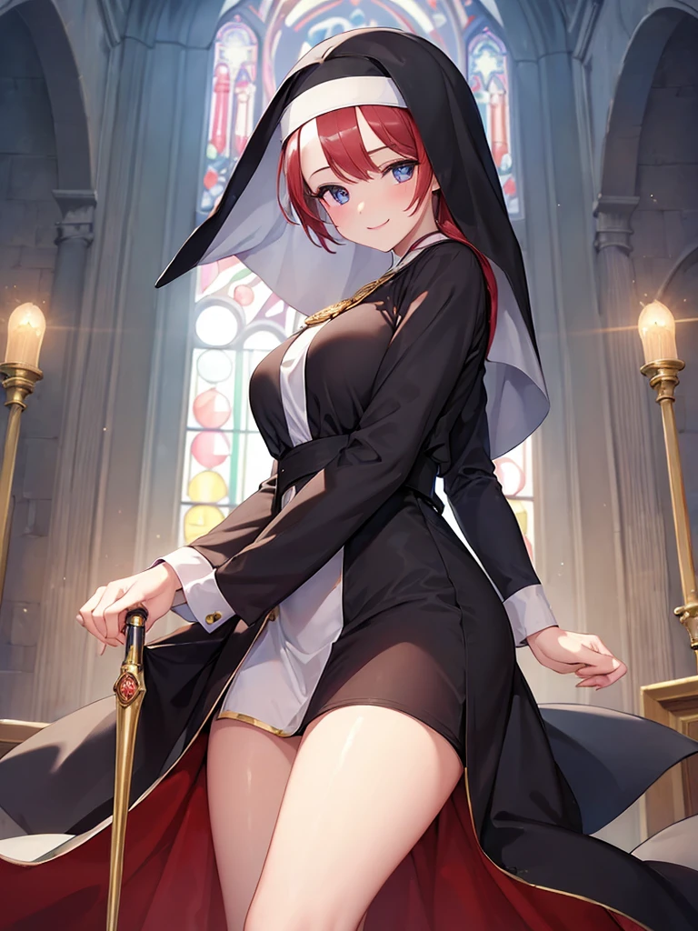 (masterpiece:1.5),(Beat quality),(high res),1girl solo,beautiful face,smile(shining eyes),light effects,Nuns,church