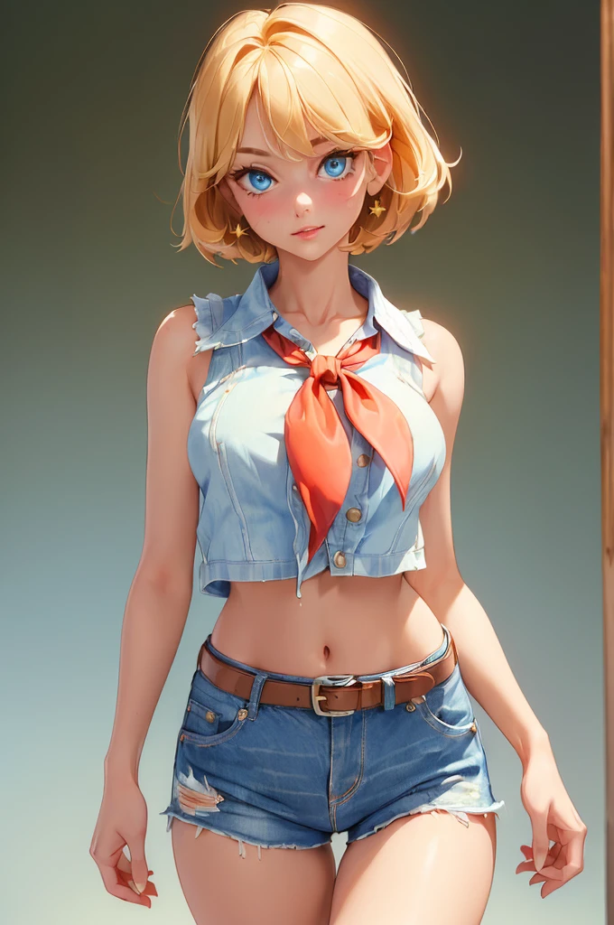 (((((alone))))),(((((masterpiece))))), (((((Highest quality))))),(((((Very detailed))))), In detail, Depth of written boundary, Sharp details, Detailed clothing, High resolution,
One girl, bangs, (Beautifully detailed face:1.3), clavicle, Collared shirt, ((White sleeveless collared shirt)), ((watch)),shirt half open, The button has been released, Very good, several buttons open to show Cleavage, Show your belly, blue eyes, Blonde, Cleavage, ((cowboy)), (cowboy もっている:1.3),Medium chest, belly button, neckerchief, red neckerchief, short hair, Short denim hot pants, low rise daisy dukes, Healthy Thighs, gun belt ,cowboy western, Monotone background, Thigh Gap