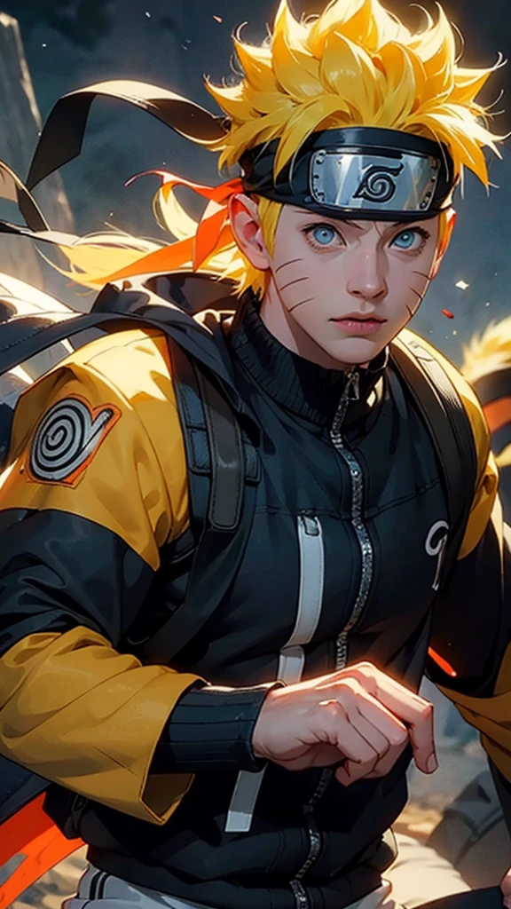 full body of naruto uzumaki,masterpiece, best quality, full detailed, 1boy, handsome,male,looking at viewer, naruto, Detailed blue eye,yellow hair,konoha realistic detail leaf headband,eye realistic,nose realistic,mouth realistic,skin realistic,face realistic,head realistic,body realistic, background art cinematic,backpack,big eye sharp, photorealistic, photoshoot, only three line in face