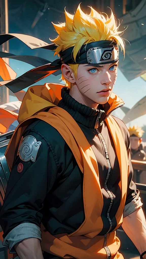 full body of naruto uzumaki,masterpiece, best quality, full detailed, 1boy, handsome,male,looking at viewer, naruto, Detailed blue eye,yellow hair,konoha realistic detail leaf headband,eye realistic,nose realistic,mouth realistic,skin realistic,face realistic,head realistic,body realistic, background art cinematic,backpack,big eye sharp, photorealistic, photoshoot, only three line in face