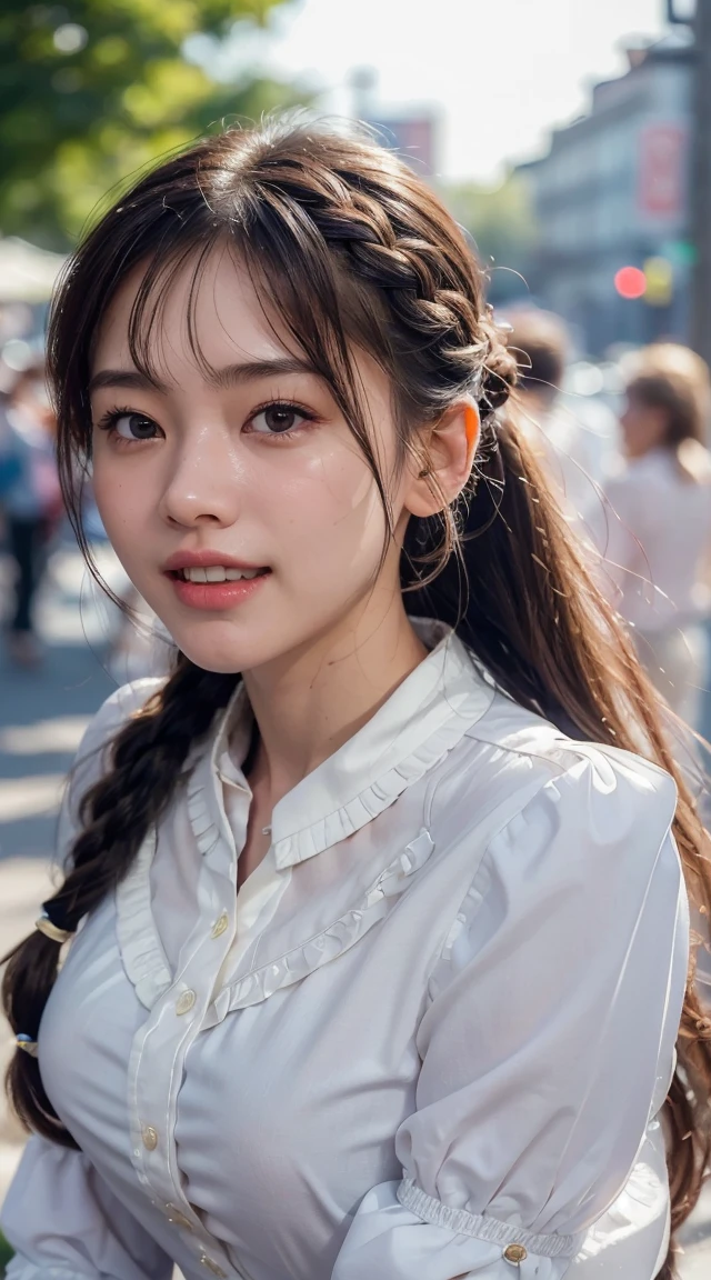 Highest quality, Realistic, 1peopleの女の子, woman,(Skin Dentition), Mid-chest, (bright), (Professional Lighting, Bokeh), (street), people々, crowd, Braided bangs, (blouse:1.5), (I wore:0.8), nice, bloom, Floating Hair, (Dynamic pose:0.6) , Soft lighting, ,((( She is being made to cum)))