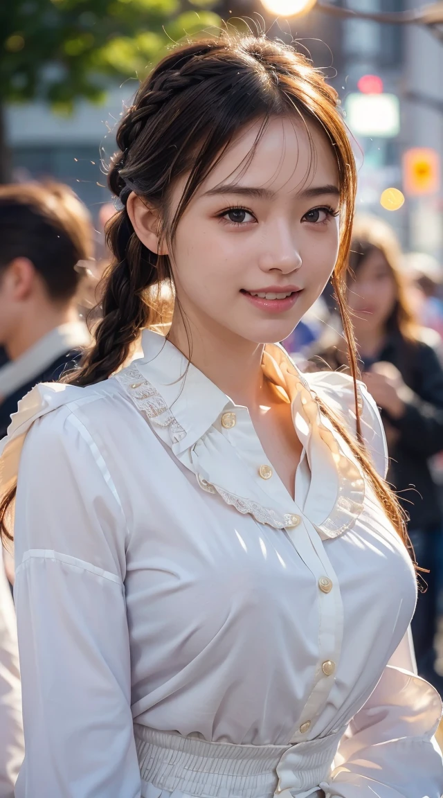 Highest quality, Realistic, 1peopleの女の子, woman,(Skin Dentition), Mid-chest, (bright), (Professional Lighting, Bokeh), (street), people々, crowd, Braided bangs, (blouse:1.5), (I wore:0.8), nice, bloom, Floating Hair, (Dynamic pose:0.6) , Soft lighting, ,((( She is being made to cum)))