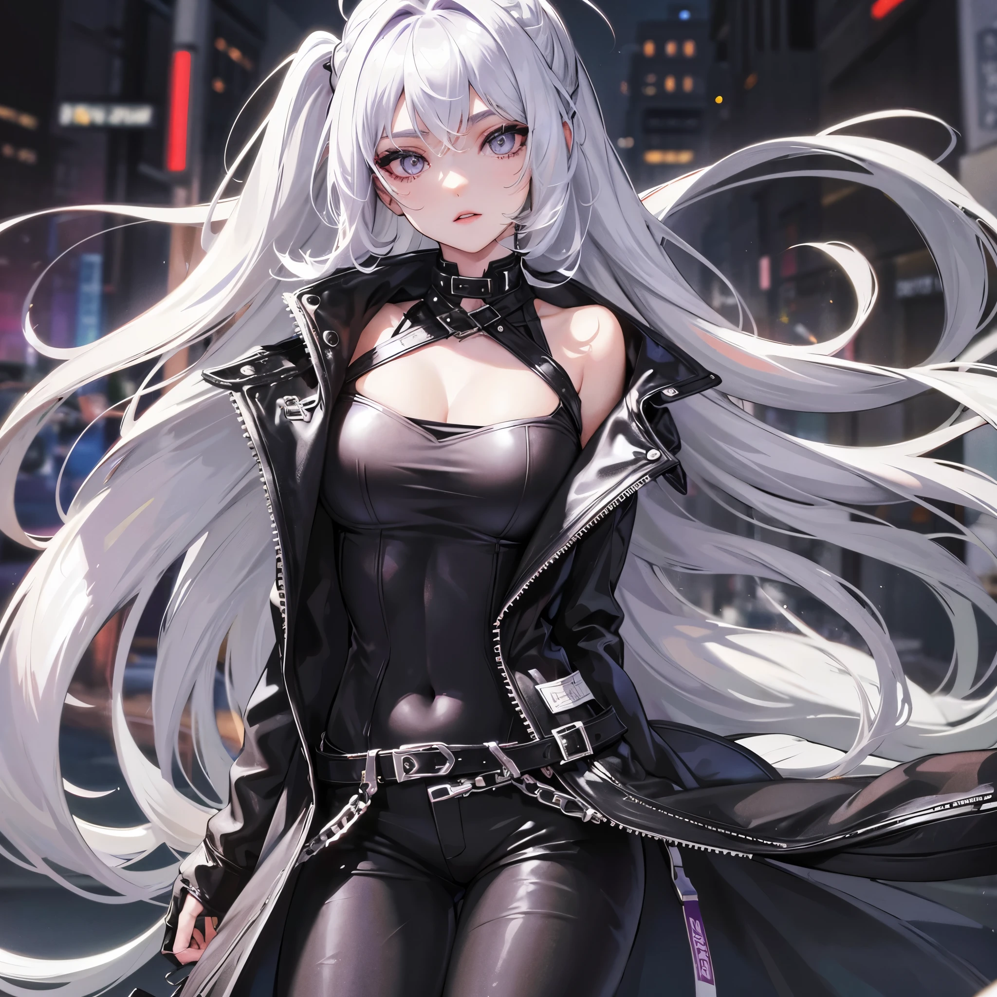 a girl , long white hairstyle ,purple leyes, street styles, , ,Black color Leather jacket , black jean,,adorlable,beautiful face, cold