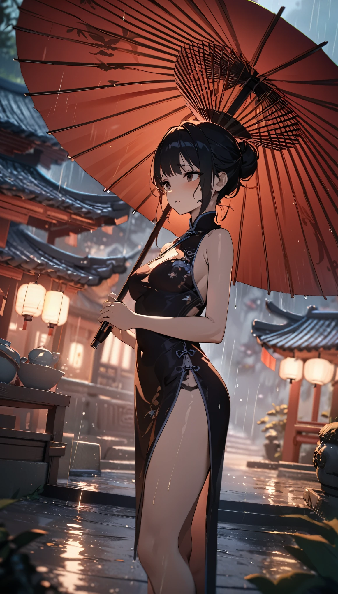 Rainy Day, A Chinese woman with a sad expression, Wearing black embroidered cheongsam, Holding an oil-paper umbrella, Standing in a Chinese garden, from side, Wide-Angle, chiaroscuro, cinematic lighting, UHD, retina, masterpiece, textured skin, high quality, highres, anatomically correct, 1080P, 8k