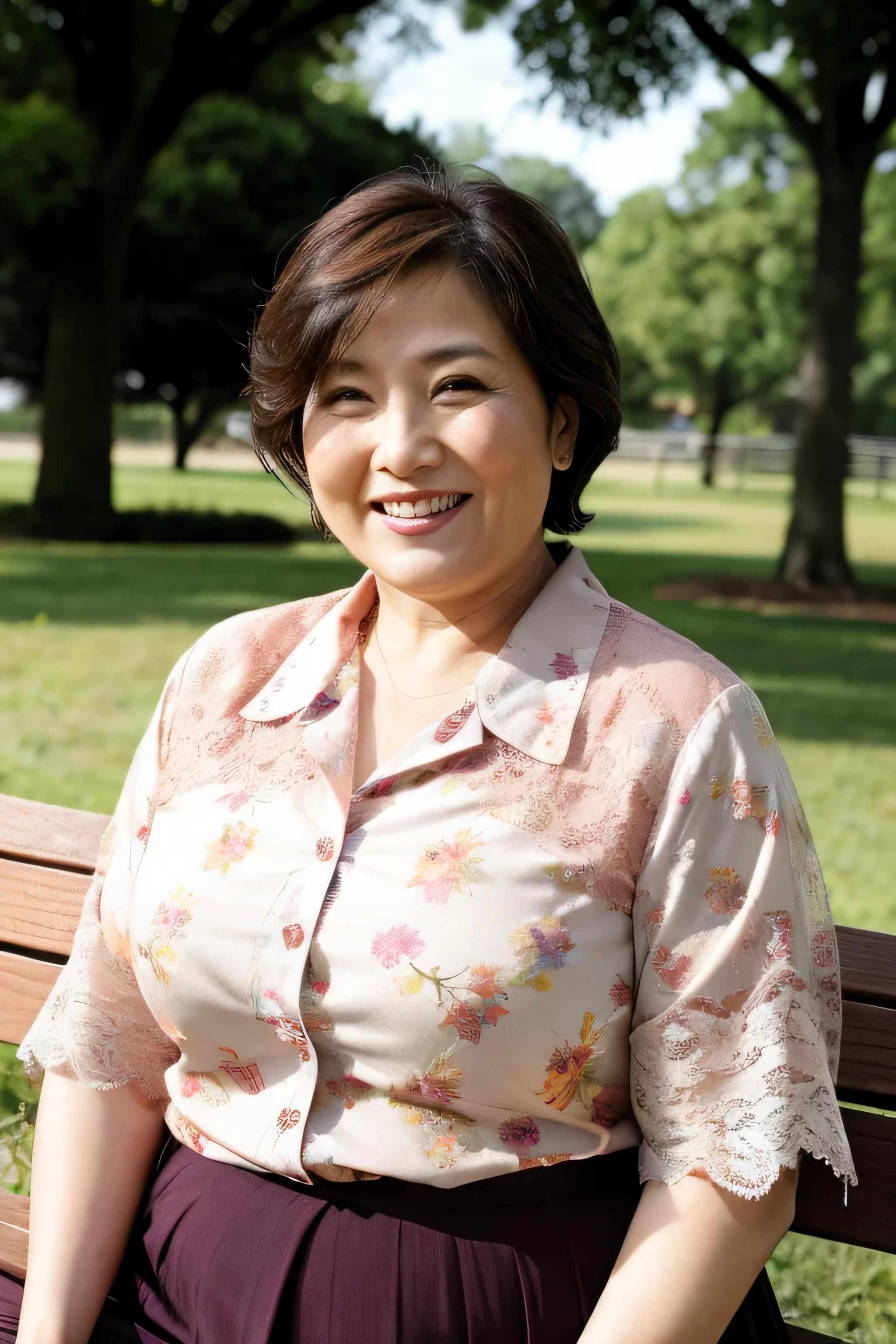 Ma、Highest quality、16K、masterpiece、Realistic、Realistic、A beautiful Japanese woman、Mature Woman、65 years old、Detailed skin texture、short hair、Chubby、Voluptuous body、Shapely breasts、Smiling with teeth showing、Floral lace shirt、sitting on a park bench、(View your audience)、The button on her shirt came undone and her bra was exposed:1.5