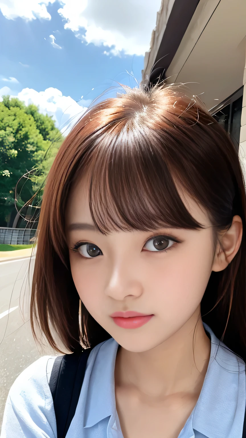 Sunburn marks on tanned skin、blush、Multicolored hair color、Bangs on the face、Bangs between the eyes、Super long hair、Beautiful bright transparent light blue big eyes that are charming and shining、A cute -yeld giwith a cute look, A strong wind blows my hair in front of my face、Beautiful big sparkling eyes, Cute eyes hidden by long bangs、Yawn、No visible nasolabial folds、A short, light-colored miniskirt、A cute and colorful summer shirt、Korean Beauty、Dark blush on the cheeks