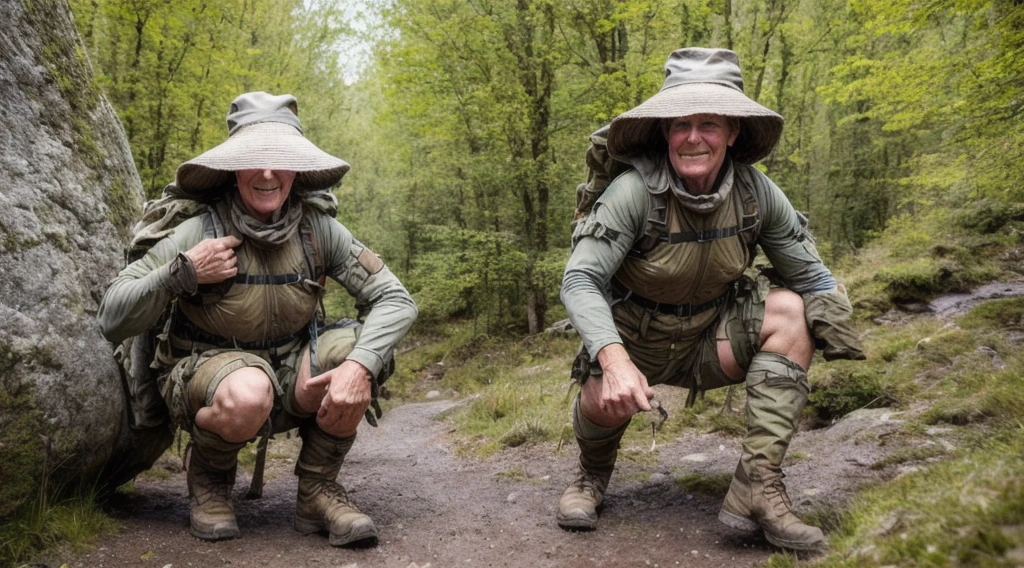 raw closeup,  une femme qui porte un équipement de survie adapté, de dos plein cadre en pied, avec un chapeau à larges bords en cuir, des vêtements de camouflage kaki et short, un sac à dos en toile vert bouteille, des chaussures de marche beiges, des sacoches pendent à sa ceinture Son expression est effrayée, elle arrive dans une clairière devant une caverne dans une montagne à l'horizon, 