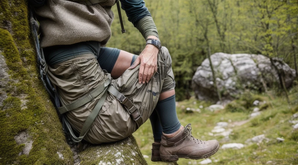 raw closeup, une femme qui porte un équipement de survie adapté, de dos plein cadre en pied, avec un chapeau à larges bords en cuir, des vêtements de camouflage kaki et short, un sac à dos en toile vert bouteille, des chaussures de marche beiges, des sacoches pendent à sa ceinture Son expression est effrayée, elle arrive dans une clairière devant une caverne dans une montagne à l'horizon,