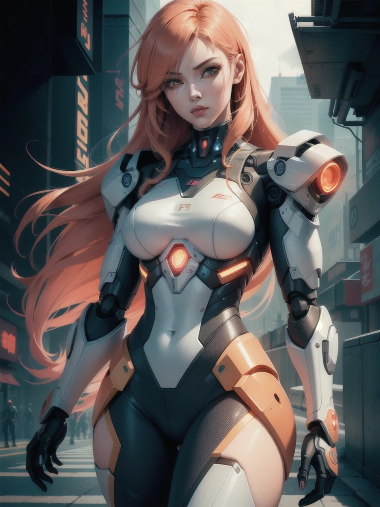 female,robot ,female,robot cyborg mech, peach hair, cyberpunk:0.35, perfect lighting, perfect shading, detailed, intricate, (perfect body), beautiful face, flowing hair, ((full torso)), photorealistic:1.35, mature adult:1.4,