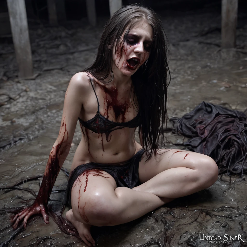 Undead sinner on her knees, forced oral sex, (oral rape:1.3), Sexual violence, hand on her head, holds her by the hair, (traces of beatings on her body:1.2), torn clothes, Sexual slavery, hellish torment, pissing on face, horror hell