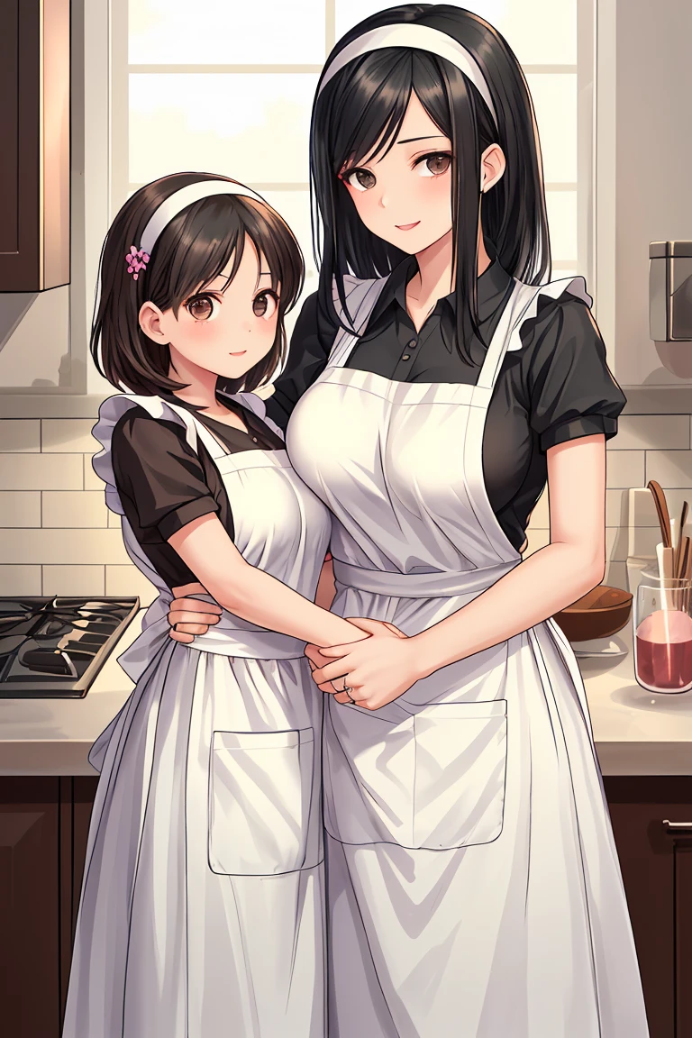 Beauty mother-in-law Black Hair hair band Mother and daughter have beautiful breasts Mother is an apron Mother's wedding ring My daughter is in uniform My daughter is wearing a mini skirt kitchen