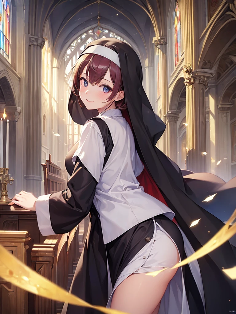 (masterpiece:1.5),(Beat quality),(high res),1girl solo,beautiful face,smile(shining eyes),light effects,Nuns,church