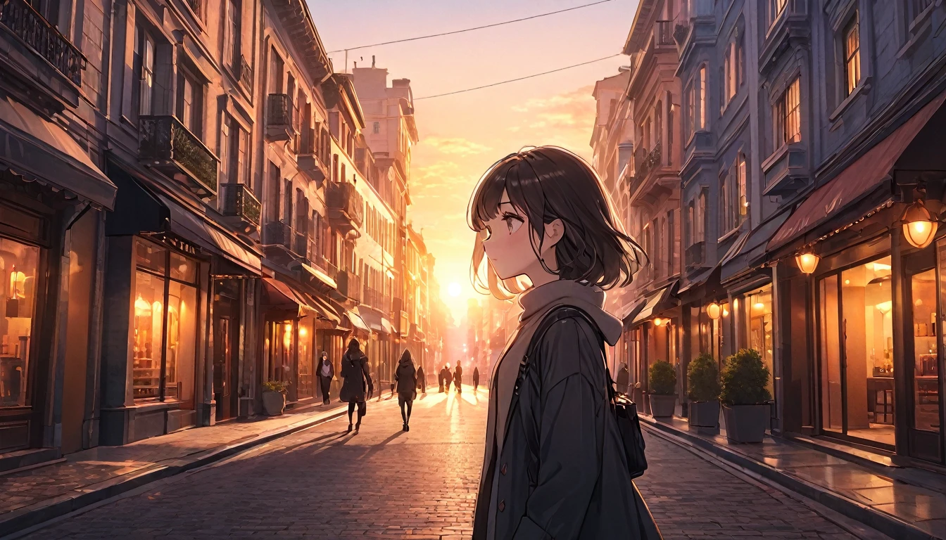 a girl walking on a city street at sunset, long eyelashes, 1 girl, detailed background, detailed cityscape, detailed architecture, detailed lighting, detailed colors, highly detailed, intricate details, masterpiece, photorealistic, 8k, cinematic colors, warm colors, glowing sunset, dramatic lighting