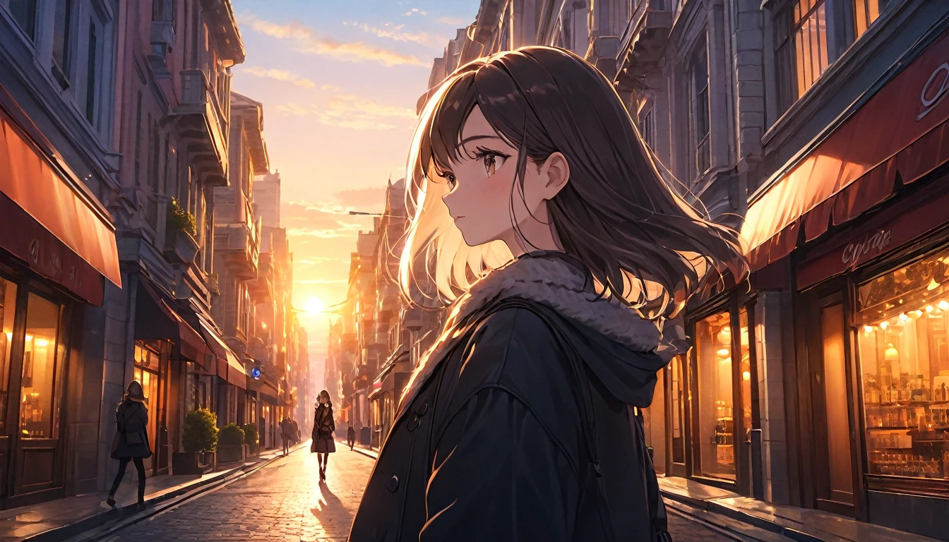 a girl walking on a city street at sunset, long eyelashes, 1 girl, detailed background, detailed cityscape, detailed architecture, detailed lighting, detailed colors, highly detailed, intricate details, masterpiece, photorealistic, 8k, cinematic colors, warm colors, glowing sunset, dramatic lighting