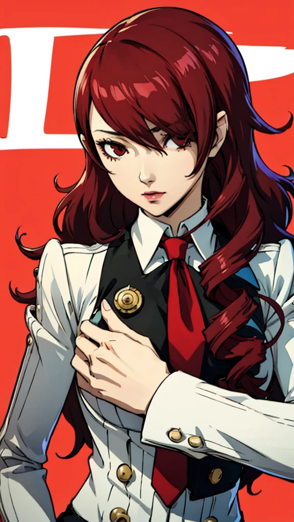 1 girl, milf, Mitsuru kirijo, face portrait, black suit, tie, red eyes, long hair, hair over one eye , hair over one eye,