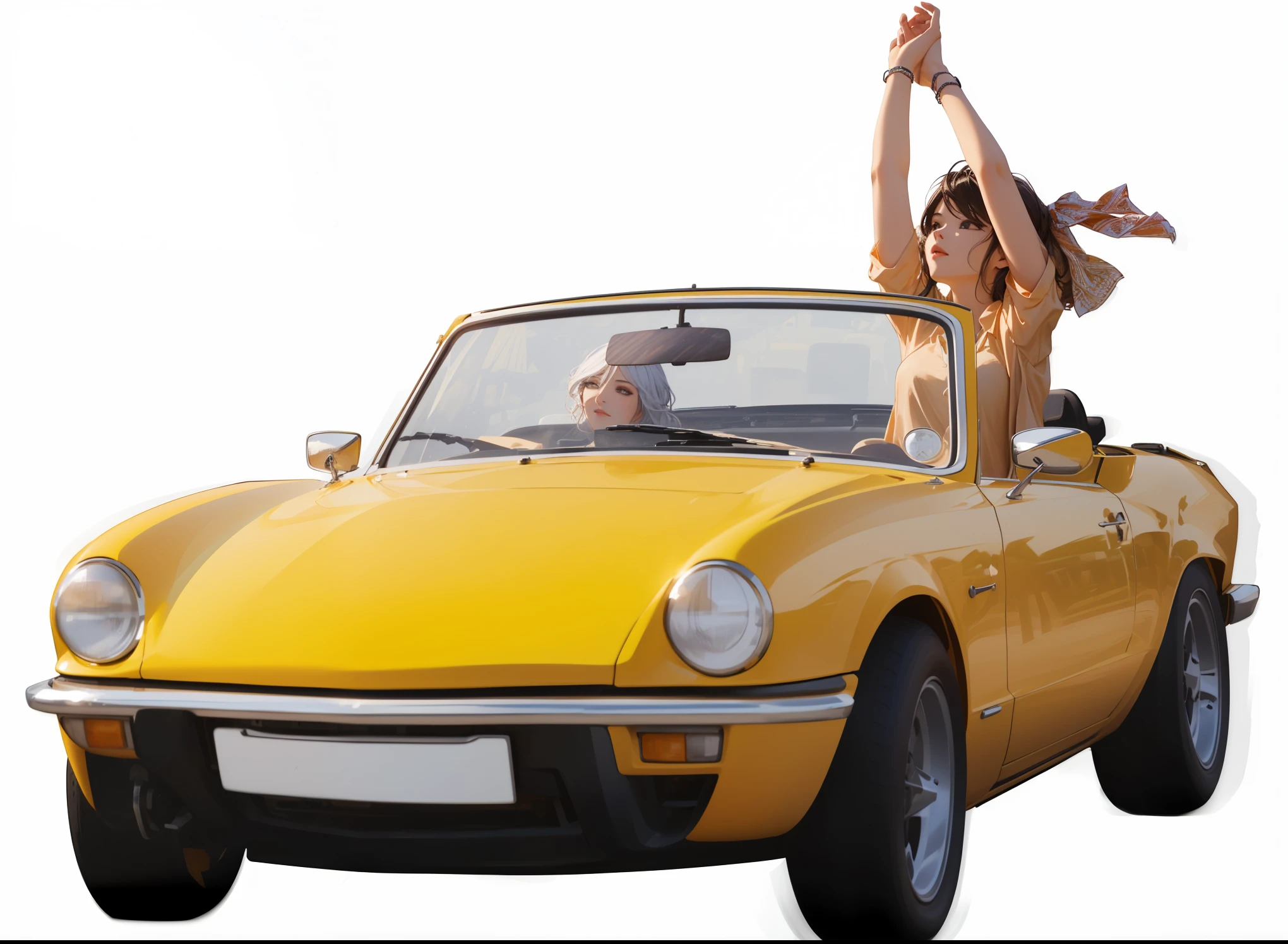 convertible，A beautiful woman sat in the back seat, top down, top down, christophe szpajdel, top down shot, top down photo, convertible, Filming, Inspired by Cornelisz Hendriksz Vroom, 照片Filming, Photo Rendering, By Jan Rustem, 自上而下的Filming, Urs Fisher