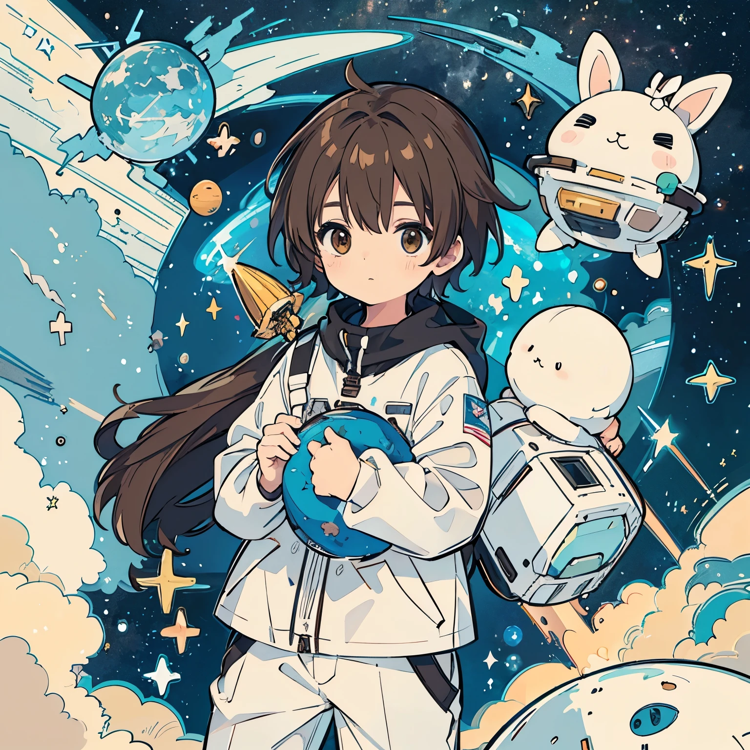 A 5--old wn-haired boy wearing white pajamas is building a spaceship. Plush bunny, space, planet, moon, Star, Milky Way, shooting Star,
