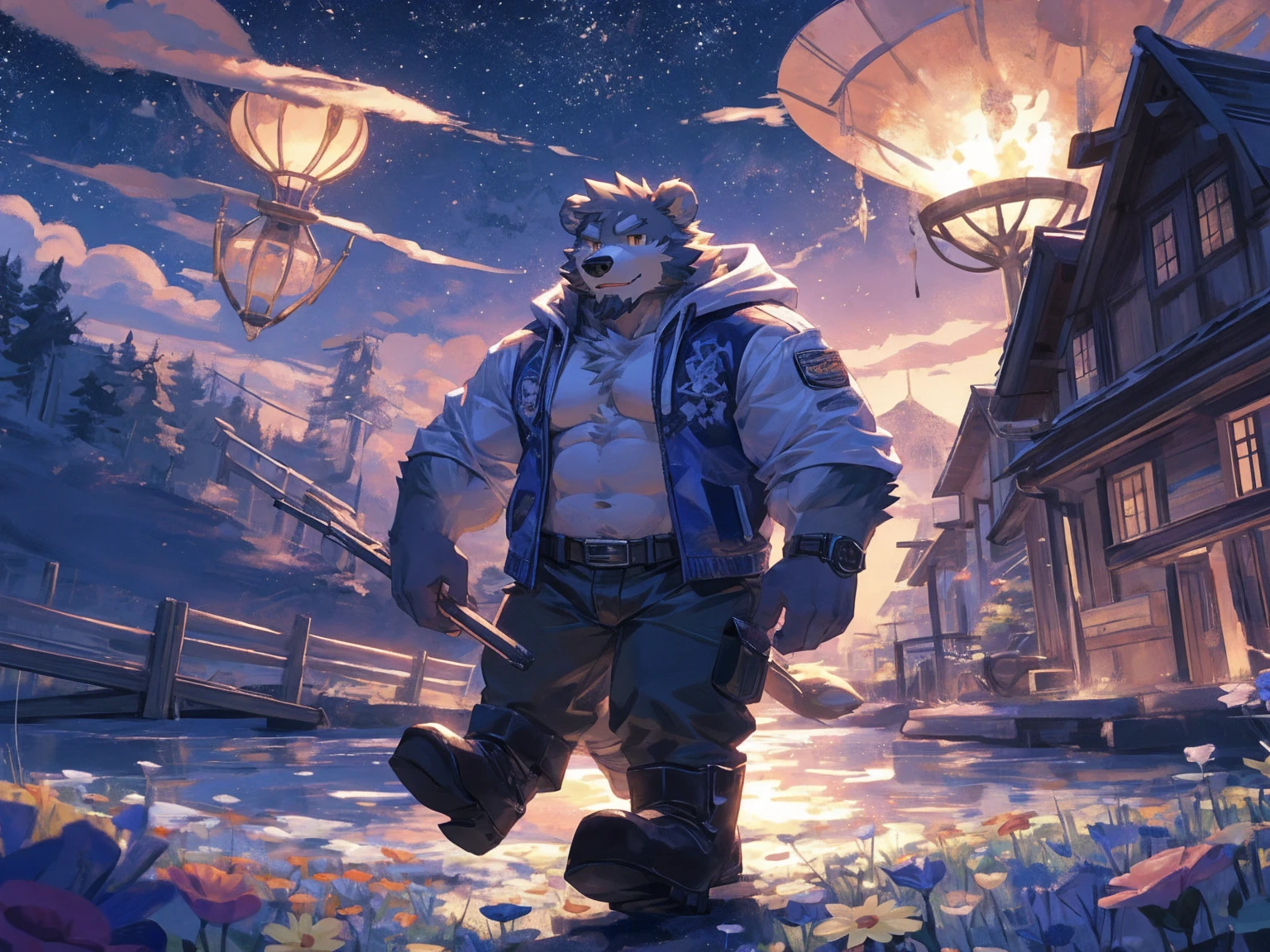 (masterpiece:1.2), best quality,pixiv,official art,perfect anatomy, (Ray tracing, light),solo, (1_male:1.3) , (muscle), (grey fur:1.4), (muscle bear), (beard:1.2), (gleaming golden eyes), bear tail, Thick eyebrows, open hoodie, (naked inside:1.2), cargo pants, (boots:1.2), (A skyline at lakeland:1.3), with twinkling stars and a bright Milky Way. character is running on the flower road with lake