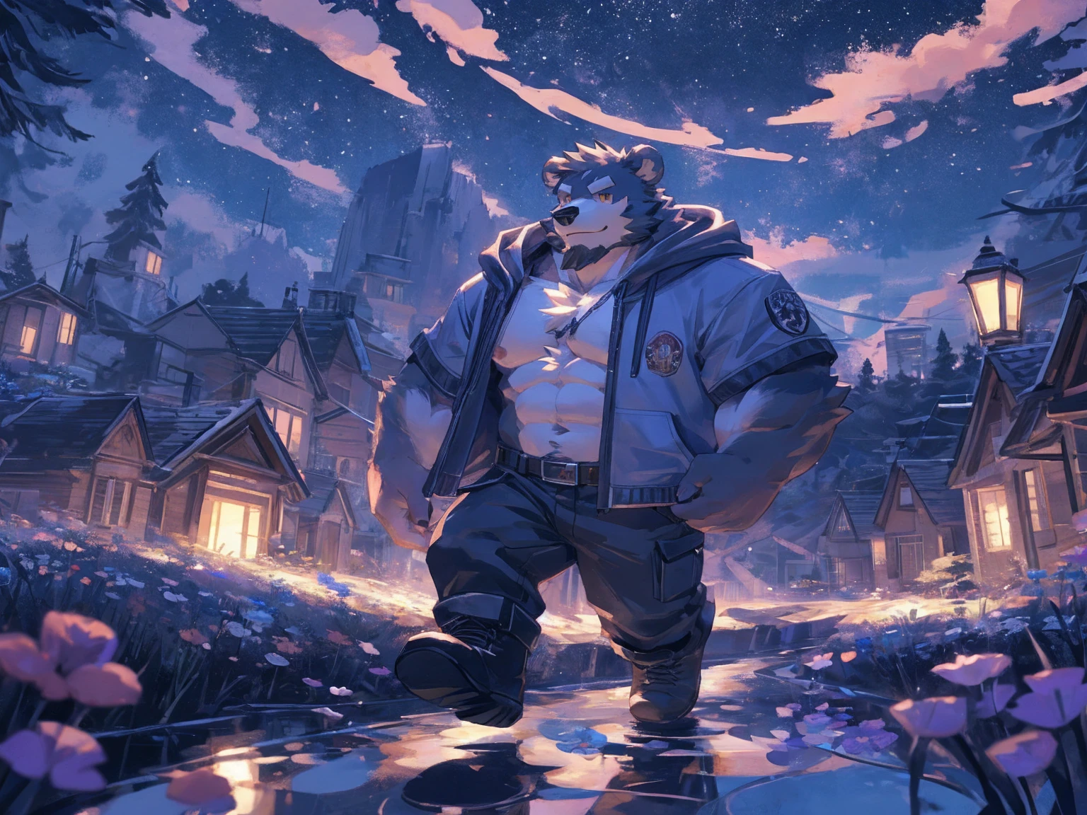 (masterpiece:1.2), best quality,pixiv,official art,perfect anatomy, (Ray tracing, light),solo, (1_male:1.3) , (muscle), (grey fur:1.4), (muscle bear), (beard:1.2), (gleaming golden eyes), bear tail, Thick eyebrows, open hoodie, (naked inside:1.2), cargo pants, (boots:1.2), (A skyline at lakeland:1.3), with twinkling stars and a bright Milky Way. character is running on the flower road with lake
