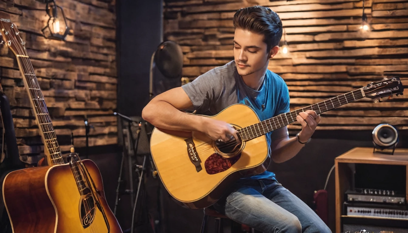 Capture a handsome young man playing an acoustic guitar in a cozy, well-equipped music studio. He is casually dressed in a fitted t-shirt and jeans, sitting comfortably on a stool or chair. The studio has a warm, inviting ambiance with soundproof walls, musical instruments, and recording equipment visible in the background. Behind him, prominently displayed, is a stylish sign or logo that reads 'JM Music,' adding a professional and branded touch to the scene. The focus should be on his relaxed yet passionate expression as he strums the guitar, creating an atmosphere of genuine musical artistry