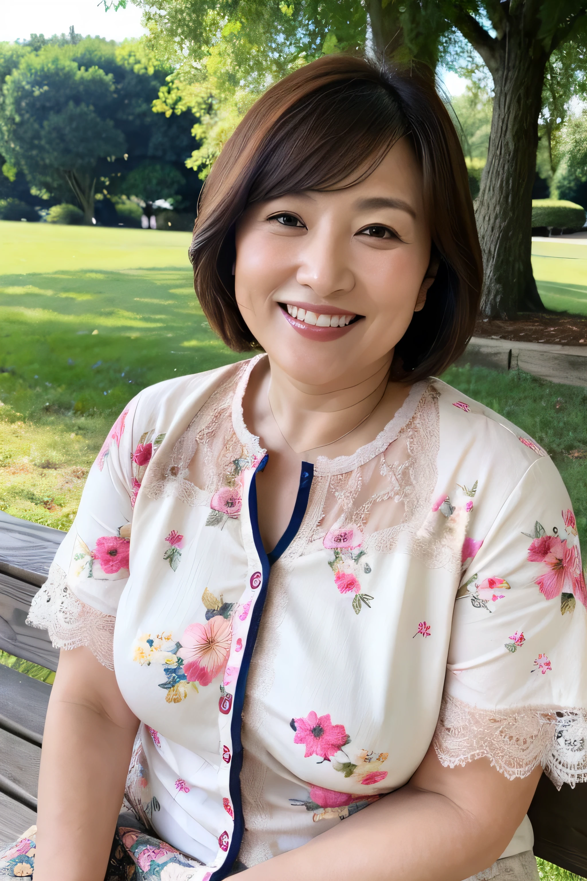 Ma、Highest quality、16K、masterpiece、Realistic、Realistic、A beautiful Japanese woman、Mature Woman、65 years old、Detailed skin texture、short hair、Chubby、Voluptuous body、Shapely breasts、Smiling with teeth showing、Floral lace shirt、sitting on a park bench、(View your audience)、Unbutton your shirt to reveal your underwear:1.5、Japanese Mom