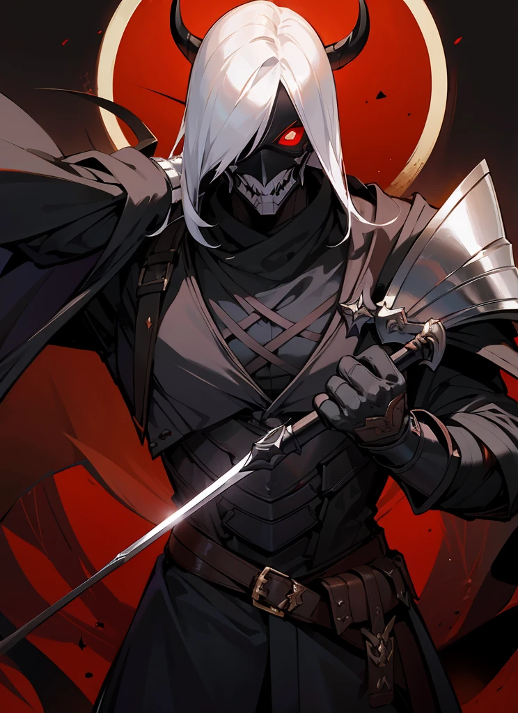 1 , handsome fashion hair,bronze hair highlightwhite, fanstasy, smile face, male ,fantasy, reaper, hunter with blackshortsword, villian face, black armor , darkness wolrd, bad, devil mask