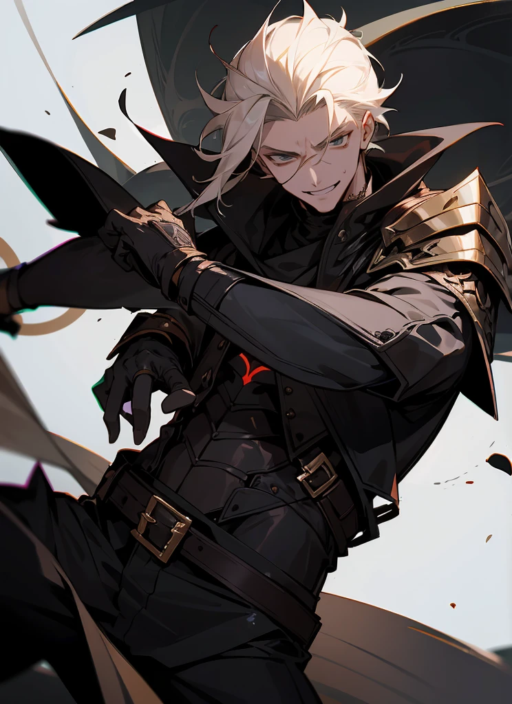 1 , handsome fashion hair,bronze hair highlightwhite, fanstasy, smile face, male ,fantasy, reaper, hunter with blackshortsword, villian face, black armor , darkness wolrd, bad, devil mask