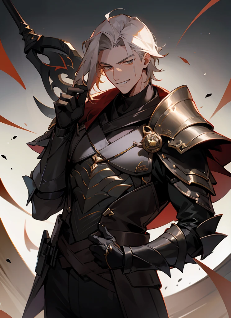 1 , handsome fashion hair,bronze hair highlightwhite, fanstasy, smile face, male ,fantasy, reaper, hunter with blackshortsword, villian face, black armor , darkness wolrd, bad, devil mask