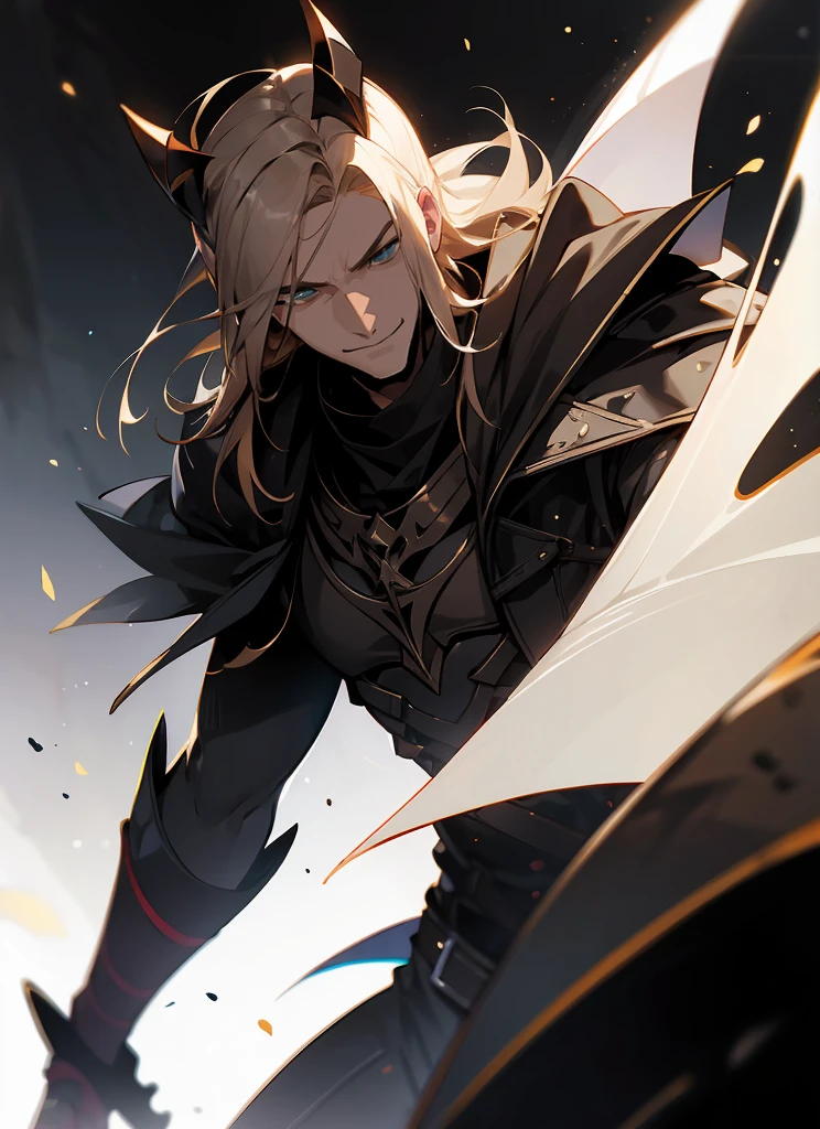 1 , handsome fashion hair,bronze hair highlightwhite, fanstasy, smile face, male ,fantasy, reaper, hunter with blackshortsword, villian face, black armor , darkness wolrd, bad, devil mask