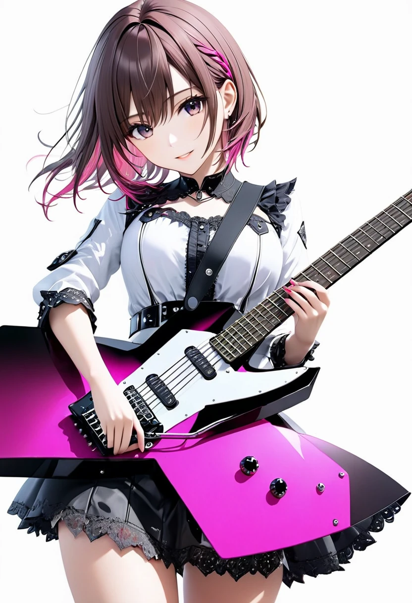 (((White background:1.2)))、(masterpiece、Ultra HD、Masterpiece、４K)、Scandinavian gothic metal girl playing a white electric guitar, Intense gaze into the camera, Highly detailed eyes, Detailed hand and fingers、Brown bob hair、Pink Gothic Dress,A gentle smile、mini skirt、Dynamic Movement、Uplifting、looks fun、(((The entire guitar is visible:1.2)))