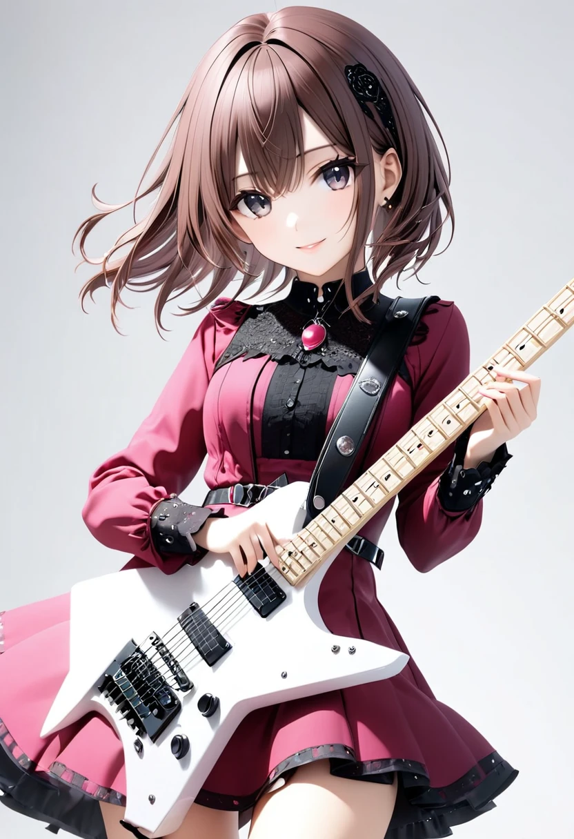 (((White background:1.2)))、(masterpiece、Ultra HD、Masterpiece、4K)、Scandinavian gothic metal girl playing a white electric guitar, Intense gaze into the camera, Highly detailed eyes, Detailed hand and fingers、Brown bob hair、Pink Gothic Dress,A gentle smile、mini skirt、Dynamic Movement、Uplifting、looks fun、(((The entire guitar is visible:1.2)))