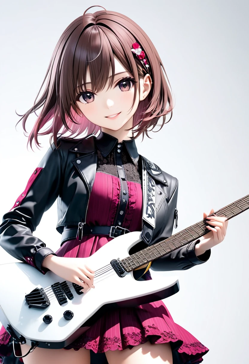 (((White background:1.2)))、(masterpiece、Ultra HD、Masterpiece、4K)、Scandinavian gothic metal girl playing a white electric guitar, Intense gaze into the camera, Highly detailed eyes, Detailed hand and fingers、Brown bob hair、Pink Gothic Dress,A gentle smile、mini skirt、Dynamic Movement、Uplifting、looks fun、(((The entire guitar is visible:1.2)))