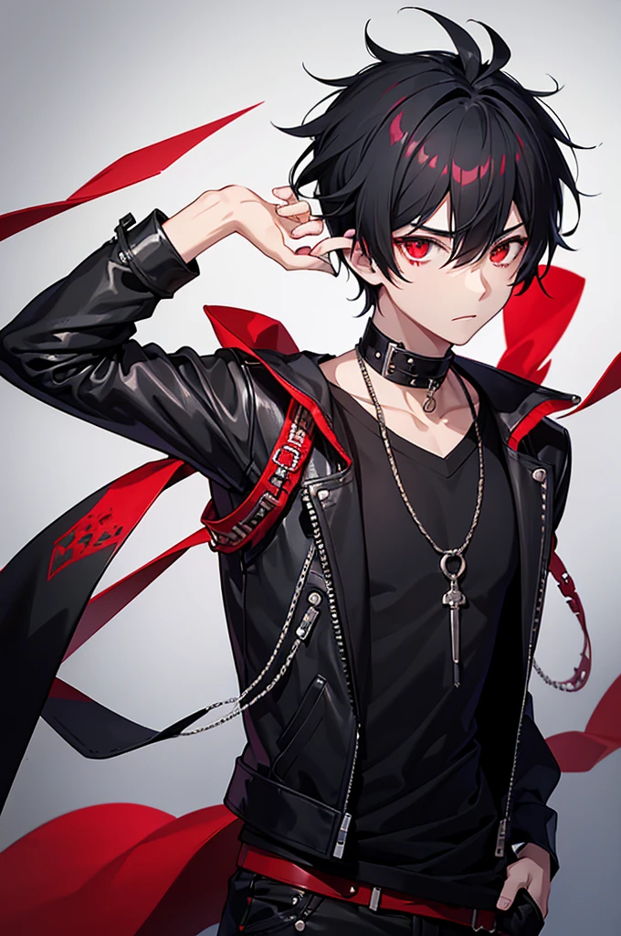 1 boy with black hair, red eyes, clothes a little punk