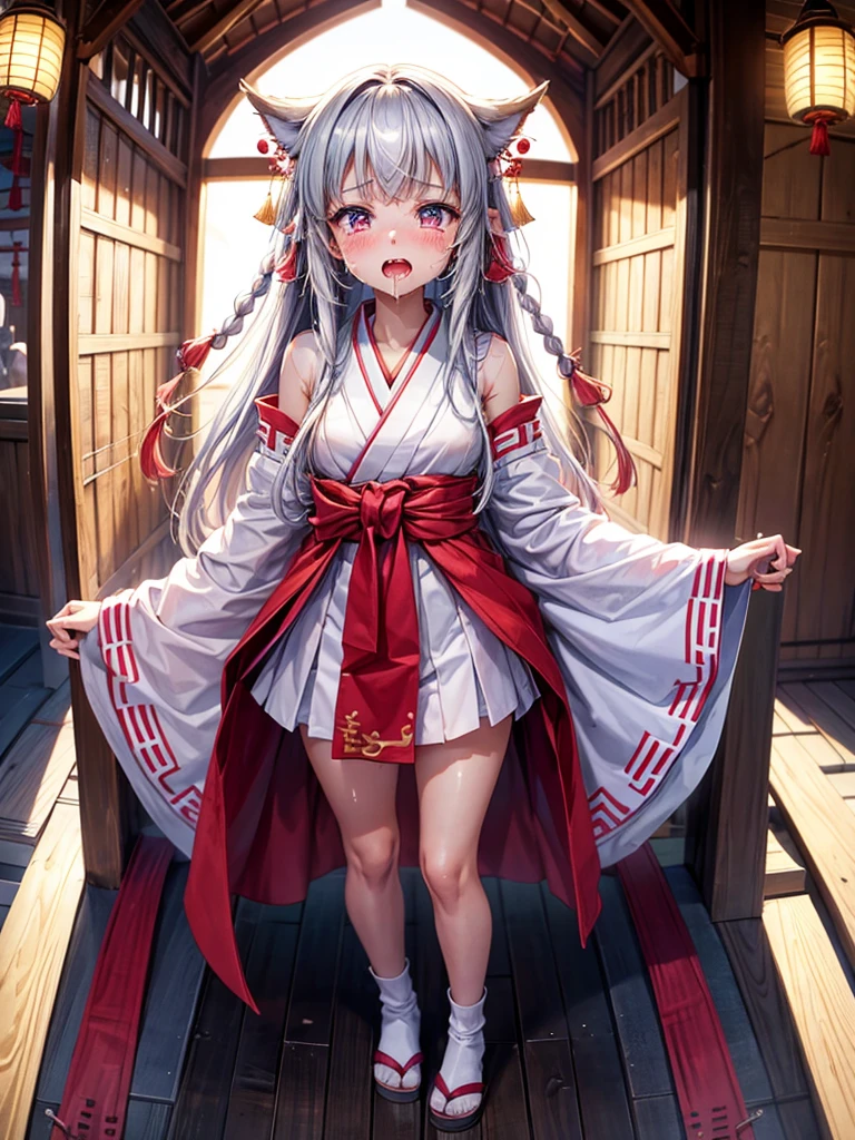 Highest Resolution,Highest quality,１People Girls,beautiful girl,Full body close-up,The body is frontal,looking at the camera,Standing posture,Crying face,Tears,Stringy saliva,Open your mouth,Sticking out tongue,Saliva,Tears overflow,Dripping a lot of saliva,Drooling,Shrine Maiden of the Temple,
