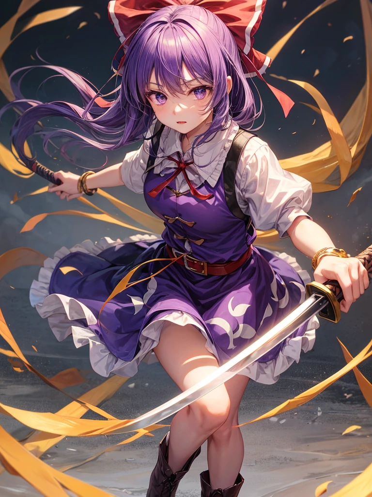 1girl, watatsuki no yorihime (touhou), long hair, ponytail, purple hair, purple eyes, white shirt, collared shirt, puffy short sleeves, red dress, pinafore dress, buttons, single strap, long dress, open dress, short boots, yellow bow, hair bow, loose belt, bracelet, katana, holding,