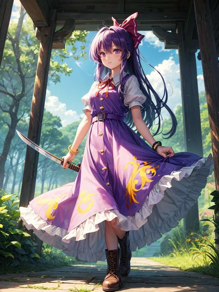 1girl, watatsuki no yorihime (touhou), long hair, ponytail, purple hair, purple eyes, white shirt, collared shirt, puffy short sleeves, red dress, pinafore dress, buttons, single strap, long dress, open dress, short boots, yellow bow, hair bow, loose belt, bracelet, katana, holding,