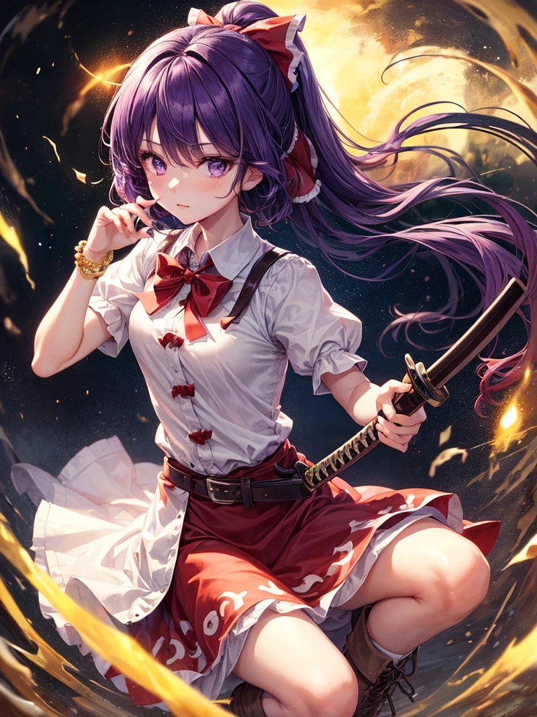 1girl, watatsuki no yorihime (touhou), long hair, ponytail, purple hair, purple eyes, white shirt, collared shirt, puffy short sleeves, red dress, pinafore dress, buttons, single strap, long dress, open dress, short boots, yellow bow, hair bow, loose belt, bracelet, katana, holding,