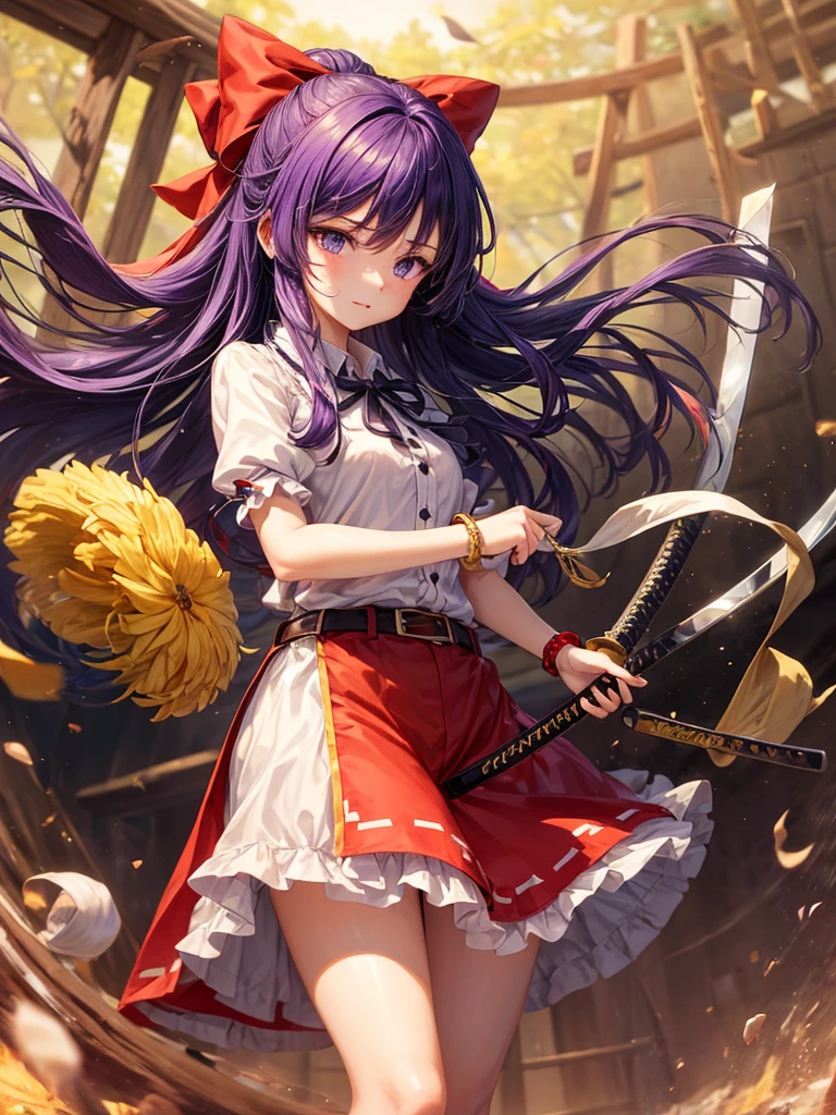 1girl, watatsuki no yorihime (touhou), long hair, ponytail, purple hair, purple eyes, white shirt, collared shirt, puffy short sleeves, red dress, pinafore dress, buttons, single strap, long dress, open dress, short boots, yellow bow, hair bow, loose belt, bracelet, katana, holding,