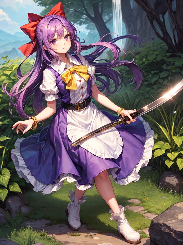 1girl, watatsuki no yorihime (touhou), long hair, ponytail, purple hair, purple eyes, white shirt, collared shirt, puffy short sleeves, red dress, pinafore dress, buttons, single strap, long dress, open dress, short boots, yellow bow, hair bow, loose belt, bracelet, katana, holding,