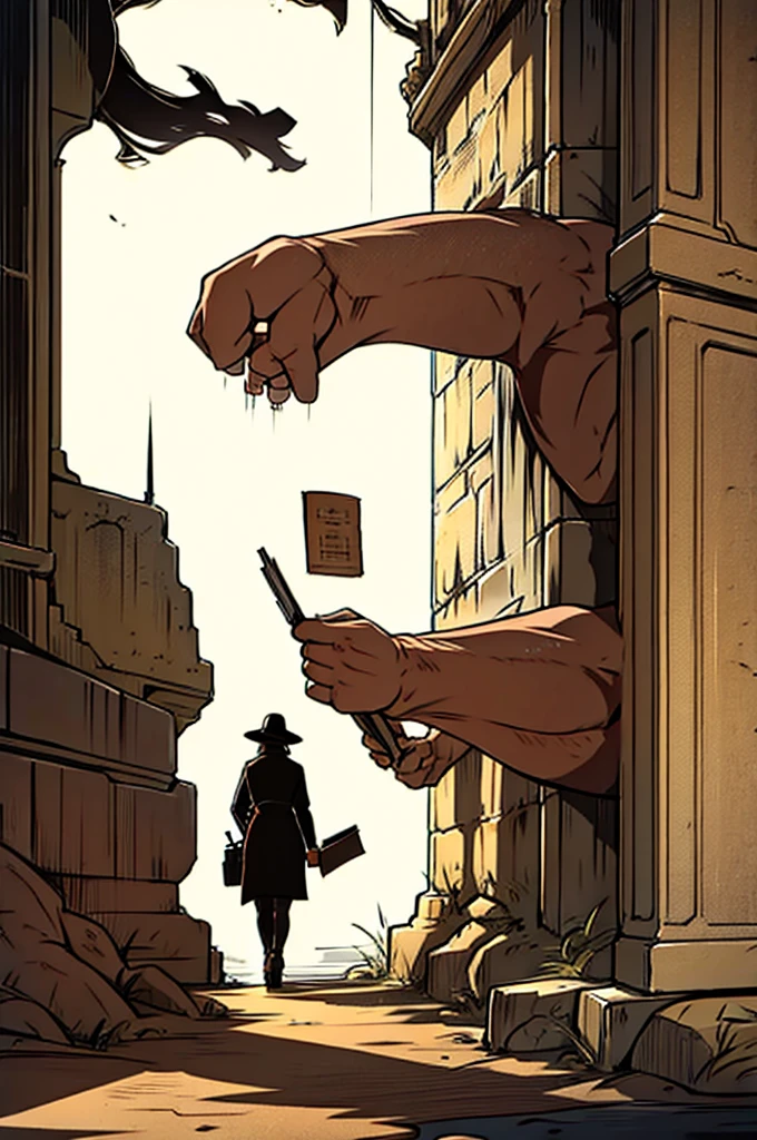 A woman is sitting and reading an old book, and a man is walking away from her
