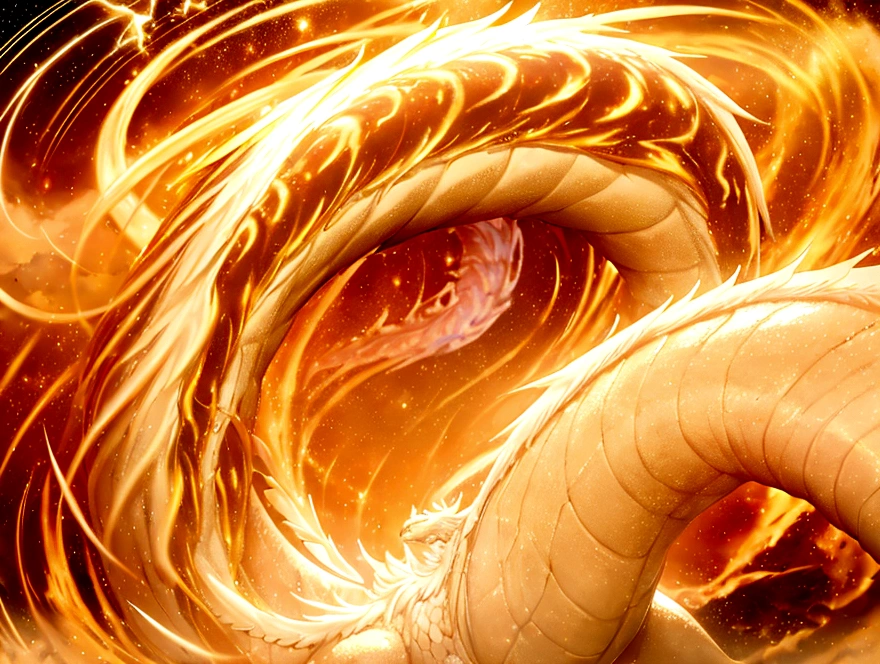 A golden, white dragon surrounded by a swirl of light