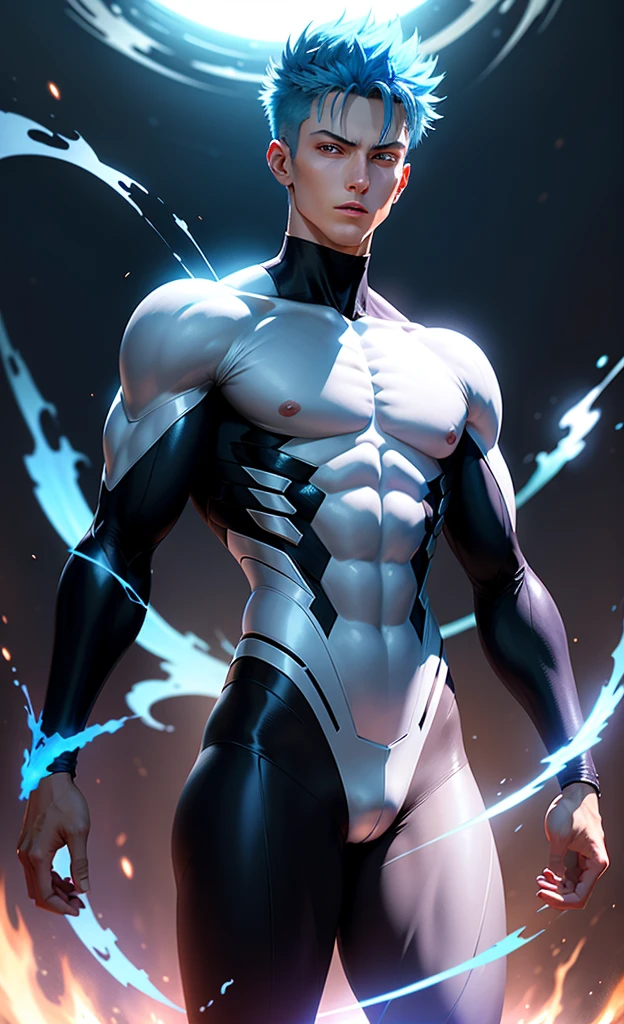 "Enjoy a visual feast as you witness the stunning transformation of the handsome 20 year old Saitama, a being with unrivaled power and a charming aura. With bright blue hair and piercing red eyes, This energetic person will surprise you." with a light reflection effect that looks like glass.