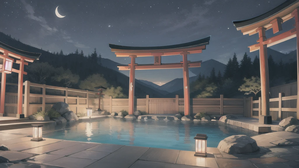 Cute art style, open-air bath, small torii gate, hot spring, evening, illustration, background only