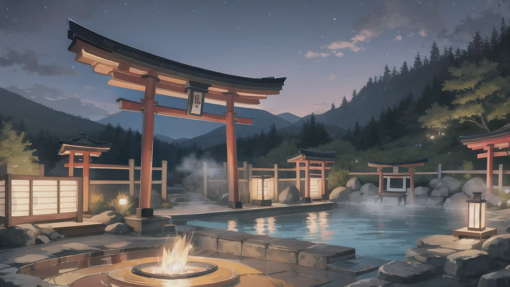 Cute art style, open-air bath, small torii gate, hot spring, evening, illustration, background only