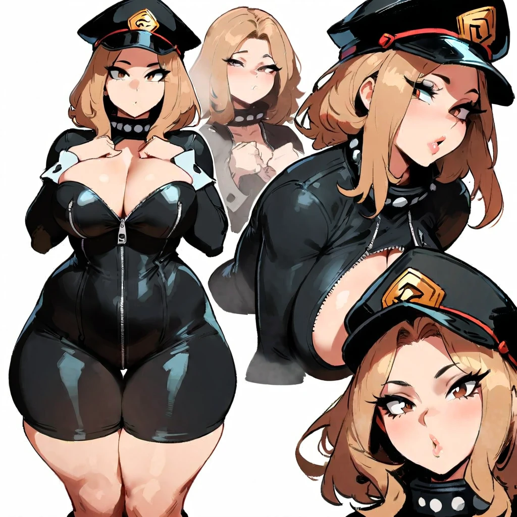 1girl, utsushimi kemii, boku no hero academia \\\\\ masterpiece, best quality, very aesthetic, absurdres, newest \\\\\\ slim body,///// ,by nyantcha,cutesexyrobutts , by khyle,,////// beautiful face, sexy, simple black catsuit with blending patterned lines and a zipper running down the middle left slightly down to reveal her cleavage. She wears white cuffs around her wrists and white heeled knee-high boots,., ,plump and glossy lips, white background, looking at viewer, close-up, dark brown eyes, ,cap, thin waist, kneeling