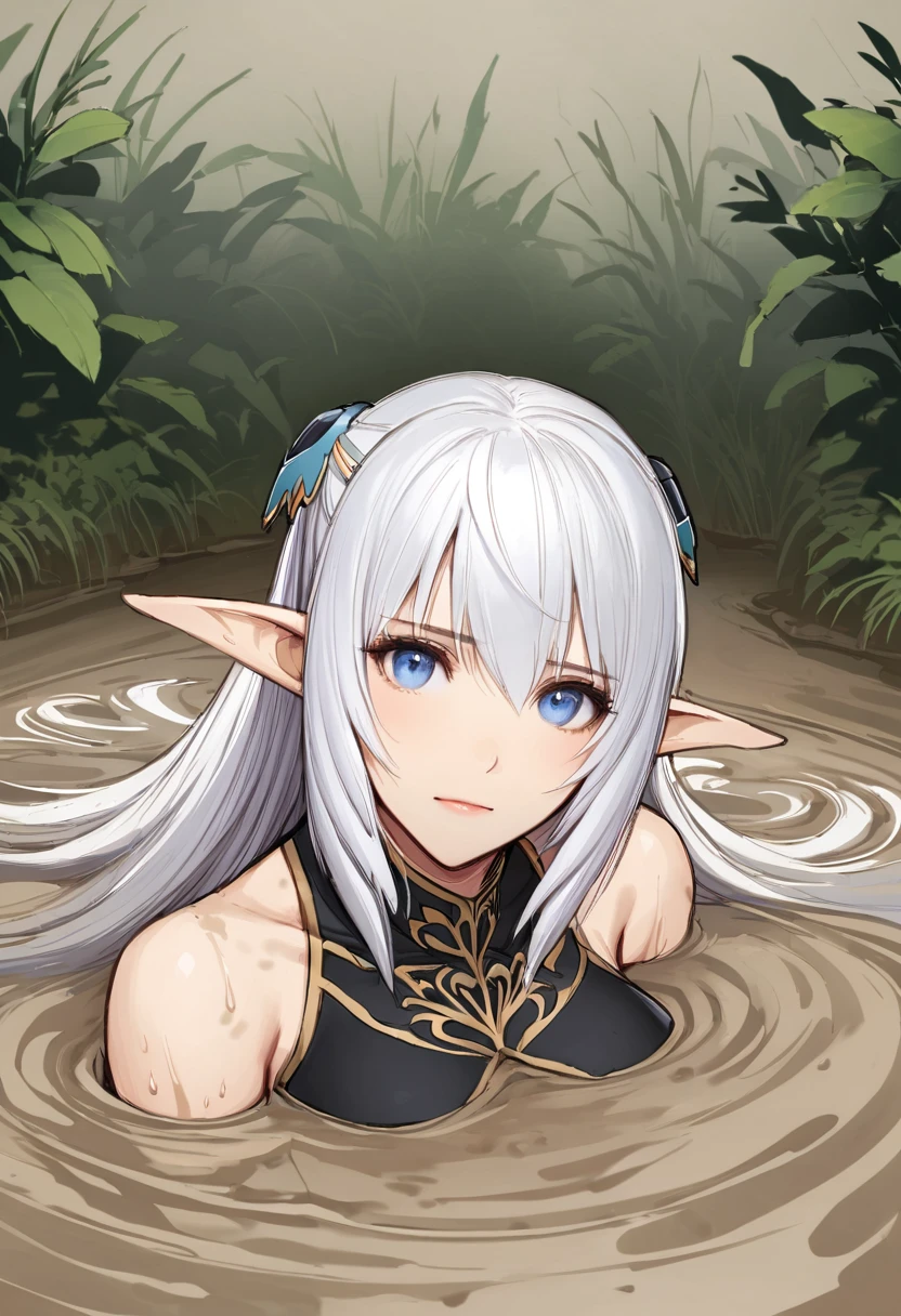 semi-realistic, 1girl, portrait Altina, elf, elven ears, silver hair, blue eyes, hair clips, bare shoulders, black collared capelet, sinking, quicksand, pool of mud, forest with marsh covered by think fog background