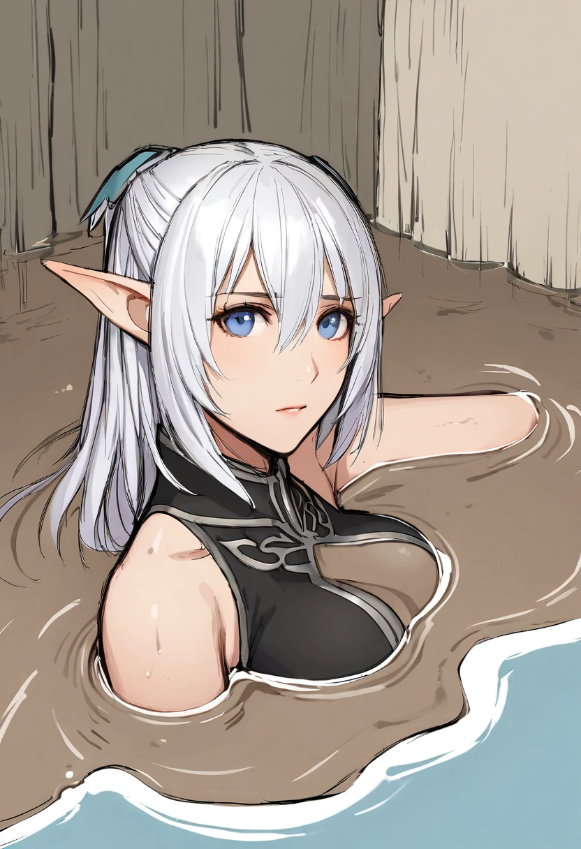 semi-realistic, 1girl, portrait Altina, elf, elven ears, silver hair, blue eyes, hair clips, bare shoulders, black collared capelet, sinking, quicksand, pool of mud, forest with marsh covered by think fog background