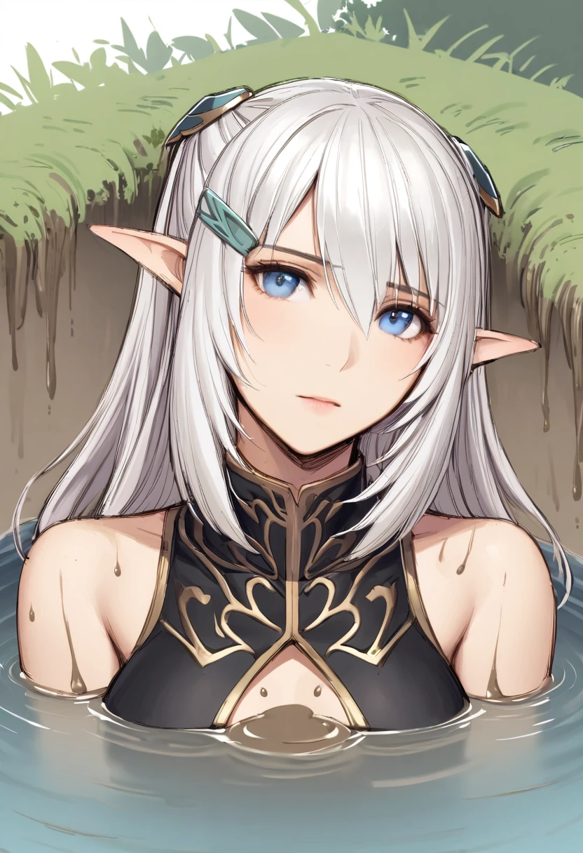 semi-realistic, 1girl, portrait Altina, elf, elven ears, silver hair, blue eyes, hair clips, bare shoulders, black collared capelet, sinking, quicksand, pool of mud, forest with marsh covered by think fog background